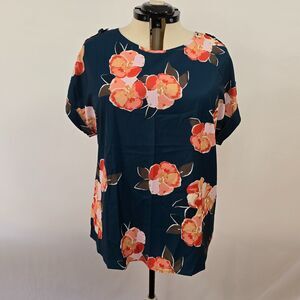 Bloomchic Blouse Women's Large Short Roll Tab Sleeve Floral Print Round Neck NWT